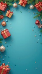 Festive Christmas decorations including pine branches gift boxes and ornaments against a solid blue background