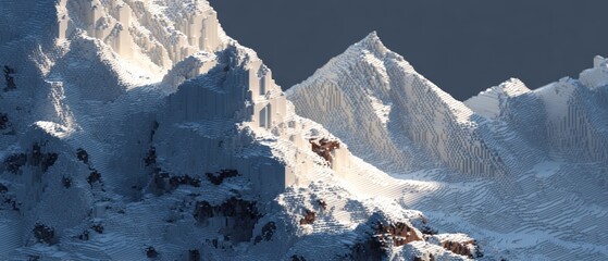 Stylized Stepped Landscape of Majestic Mountain Range Against Dark Sky