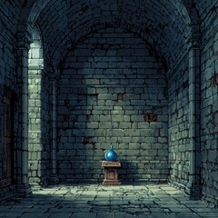 Retro RPG Dungeon Hallway with Empty Stone Walls and Decorative Blue Potion