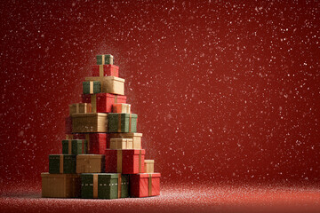 A Christmas tree constructed entirely from stacked gift boxes in green, red and golden wrapping. with powdered sugar snow falling like snowflakes on a solid red background