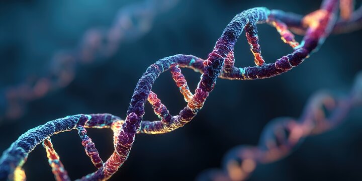 Close-up of a detailed double helix structure, with vibrant colors and blurred background