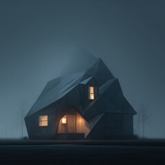 Distorted Suburban House Under Fog with Dim Light and Abstract Roof Structure