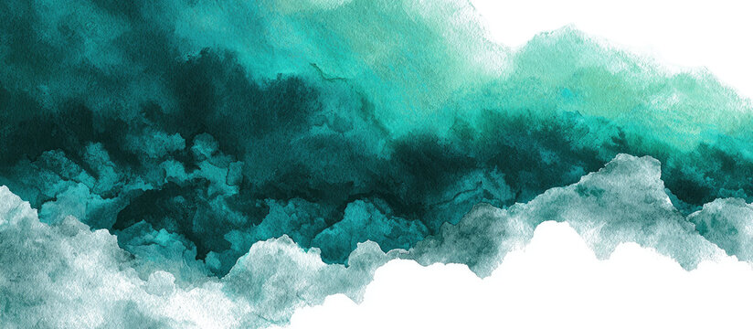 Abstract watercolor painting with teal and turquoise hues layered over white