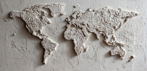 A textured, raised relief map of the world, rendered in a neutral off-white tone