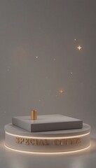 Golden text Special Offer on illuminated pedestal with star accents discount