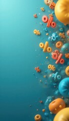 3D rendered percentage signs and colorful abstract shapes floating against a teal background