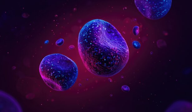 Abstract, glowing, bioluminescent cell-like forms floating in a dark, colorful, nebula-like space
