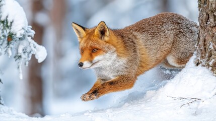 Fototapeta premium Red Fox jumping, Vulpes vulpes, wildlife scene from Europe. Orange fur coat animal hunting in the nature habitat. Fox jump on the green forest meadow with first snow. Wildlife scene from nature.