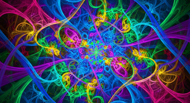 Vibrant fractal explosion of psychedelic colors and swirling patterns - Powered by Adobe