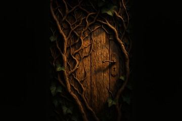 Enchanted Wooden Door Entwined with Branches and Vines
