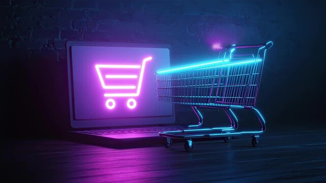 Cyber Monday neon glow typography reflected in a laptop on a dark desk; sleek tech ambience and shimmering highlights; seamless loop for ecommerce sale promos and hero headers