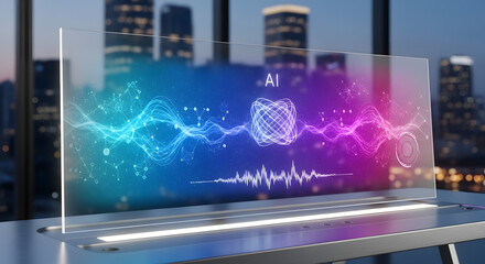 Futuristic transparent laptop displaying dna and data visualization