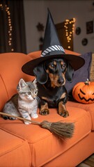 A cute dachshund dressed as a witch on the pumpkin-colored sofa with a cute kitten for Halloween.