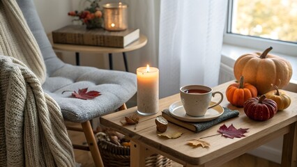 A cozy home scene with a sweater. a burning candle. and a warm cup of tea. Autumn decorations add
