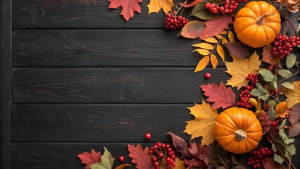 A dark wooden background featuring an autumn border frame of leaves. pumpkins. and berries around