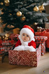 Adorable Baby in Santa Outfit Sitting Inside Gift Box by Christmas Tree