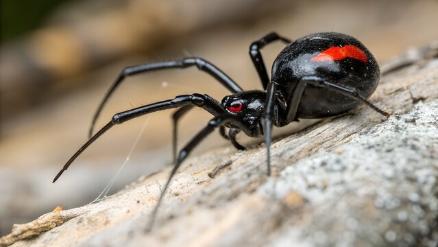 A close-up of a black widow spider. featuring a glossy black body and a distinctive red hourglass