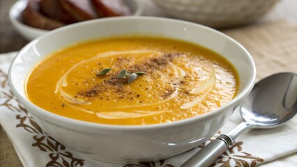 A velvety butternut squash soup with a hint of sweetness and a touch of spice. The soup is pureed
