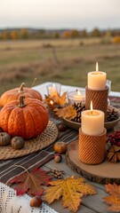 A table topped with candles and autumn decorations. Autumn. Thanksgiving decor. Copy-space. place