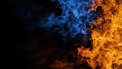 Abstract depiction of clashing elements vibrant orange flames and cool blue smoke against black