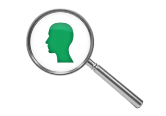 Green head silhouette under magnifying glass isolated, concept of search and investigation PNG
