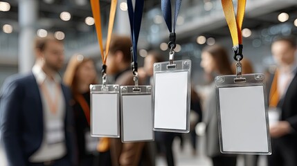 Blank name badge holders hanging at a conference venue, prepared for attendees and registrations