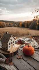 Autumnal Background Toy house and pumpkin on wooden background Thanksgiving copy space Hygge mood
