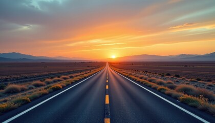 Fototapeta premium Scenic highway extending into the horizon du sunset with vibrant sky, vast landscape, mountain background, and endless road in rural countryside