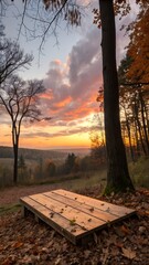 Beautiful fall autumn sunset forest woodland natural wooden table cloth empty blank plank product