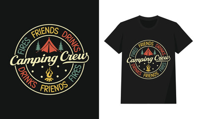 Camping Crew Retro Badge – Circular Tent and Campfire Design with Friends, Drinks, and Typography