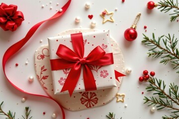 Festive Christmas Gift Box Wrapped with Red Ribbon and Bow with Holiday Decorations including Ornaments Pine Branches and Candy Canes on White Background