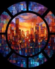 Vibrant Stained Glass Cityscape with Stylized Shapes and Colors Viewed at Dusk