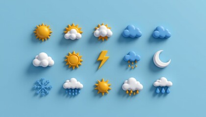 Collection of weather icons featu sun, clouds, rain, snow, lightning, moon, and storm symbols on vibrant blue background for weather forecasting and climate illustration