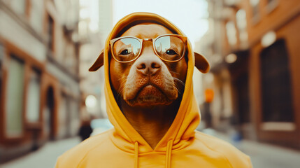 A confident pit bull terrier dog character with a cool, unimpressed attitude wears a hoodie in a street style fashion portrait. Concept of funny anthropomorphic humor, individualityn.