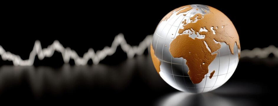 Business analysis features a clear globe on a digital graph display representing global markets and data trends in an office environment