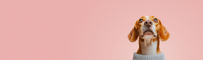 Adorable beagle puppy in a cozy sweater looking up with hope. Studio portrait on a pink background, ideal for web banner with copy space. Concept of animal shelter adoption, rescue, and pet care.