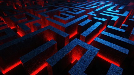 Intricate Labyrinth Design with Vibrant Red Lighting Creating an Endless Maze Experience