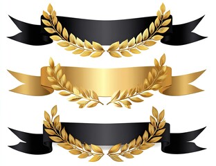 Three ornamental banners, black & gold, with laurel wreaths, perfect for awards