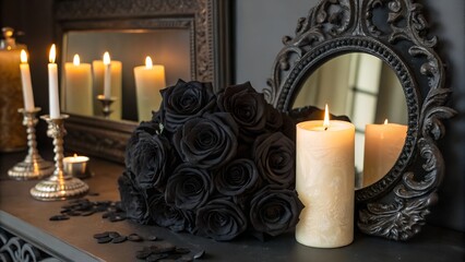 Chic candle display. black roses. and an ornate mirror on a dark background. an elegant Halloween