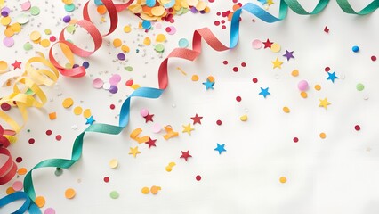 Colorful confetti and ribbons on white background Birthday party celebration holiday Flat lay top