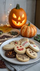 Cookies and shortbreads with jack o lantern in the background. halloween treats. autumn cakes and
