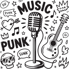 Hand drawn music icons with musical notes and instruments