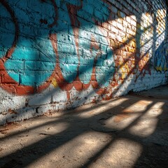 Textured Graffiti on Abandoned Brick Wall with Soft Shadows and Vibrant Colors