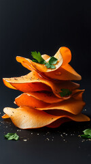 Artfully stacked homemade baked sweet potato chips, a healthy gourmet vegan snack isolated on a black background. Concept for clean eating and plant-based appetizers.