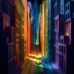 Detailed Multi-Layered Cut Out Cityscape with Vibrant Colors and Artistic Design Elements