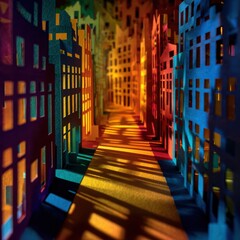 Vibrant Multi-Layered Cut-Out Cityscape with Detailed Shadows and Colorful Layers