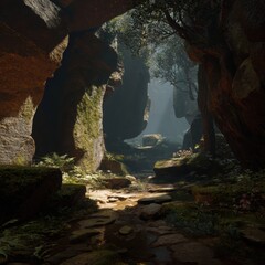 Enchanted Forest Path with Light Streaming Through Rocks and Lush Greenery