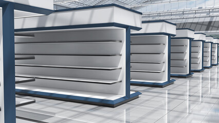 Supermarket interior mockup featuring rows of white and blue gondola shelving with toppers and clear roof. 3d illustration