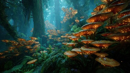 Mystical Glowing Fungal Forest Scene with Stylized Mushrooms and Dense Vegetation in Ethereal Light