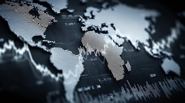 Stylized dotted world map overlaid with stock market data, charts, and gridlines